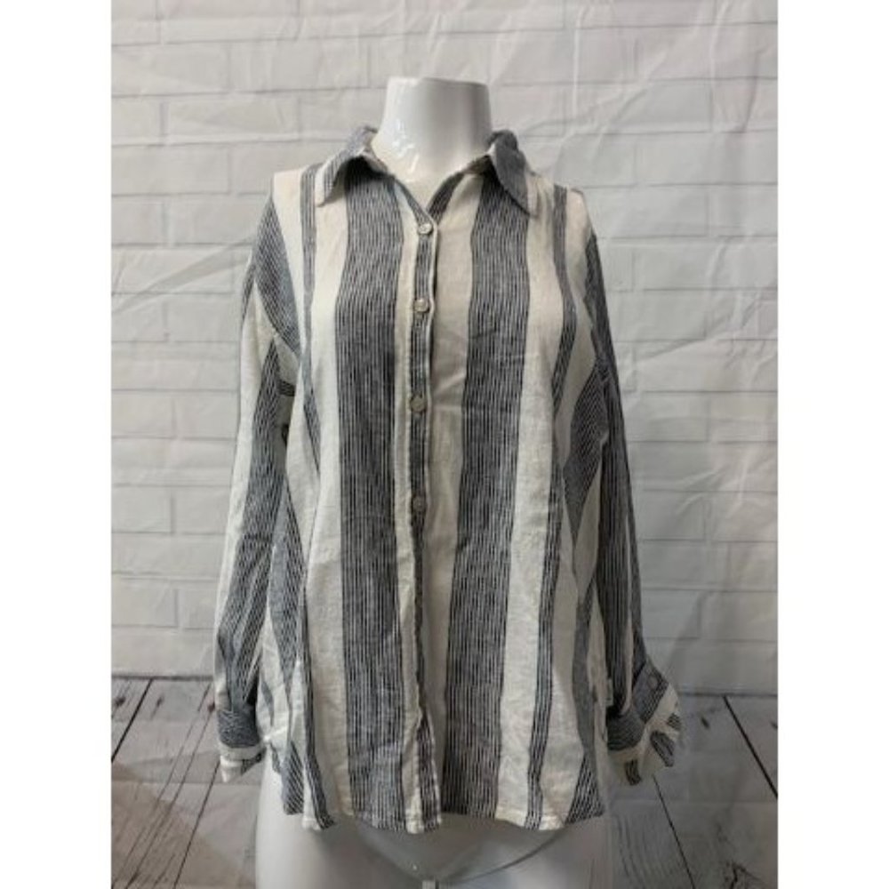 Women's Orvis Button Down Long Sleeve Linen Blend Shirt Striped Navy/White Small